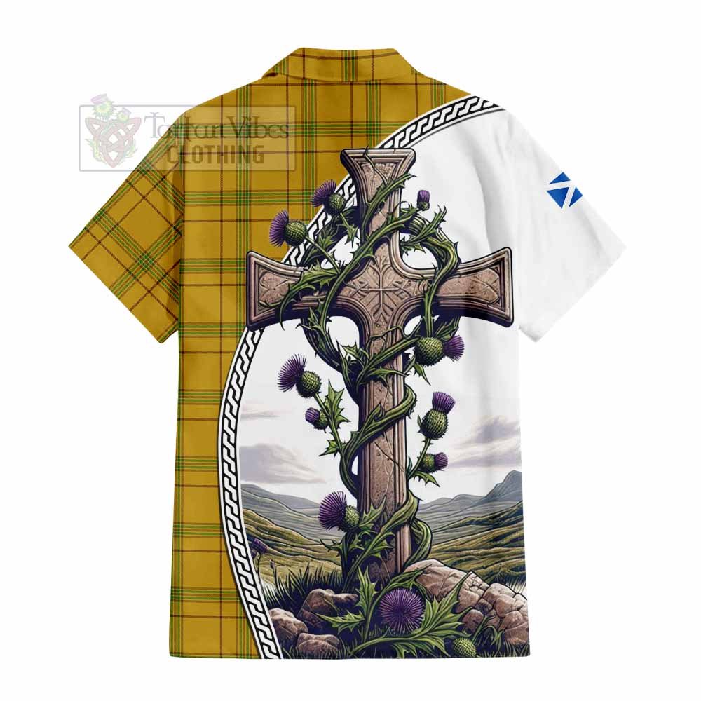 Tartan Vibes Clothing Houston Tartan Short Sleeve Button Shirt with Family Crest and St. Andrew's Cross Accented by Thistle Vines