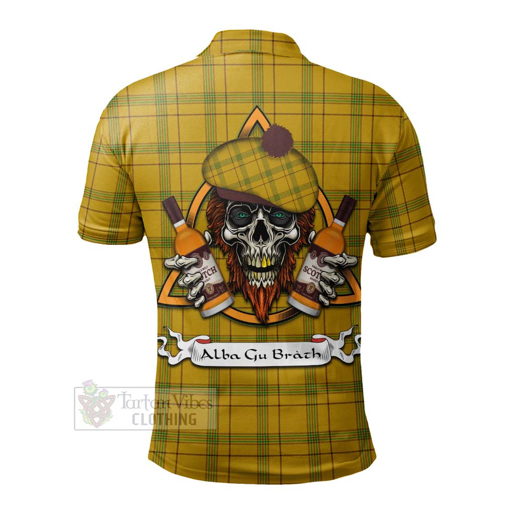 Tartan Vibes Clothing Houston Tartan Polo Shirt with Family Crest and Bearded Skull Holding Bottles of Whiskey