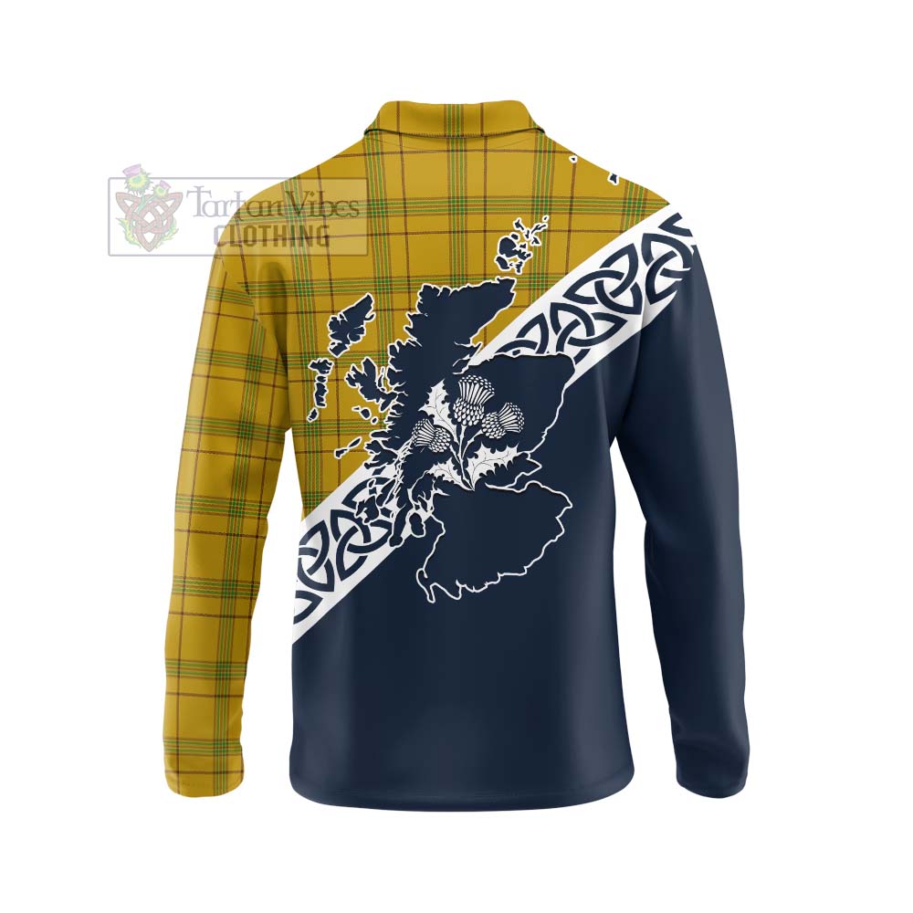 Tartan Vibes Clothing Houston Tartan Long Sleeve Polo Shirt Featuring Thistle and Scotland Map