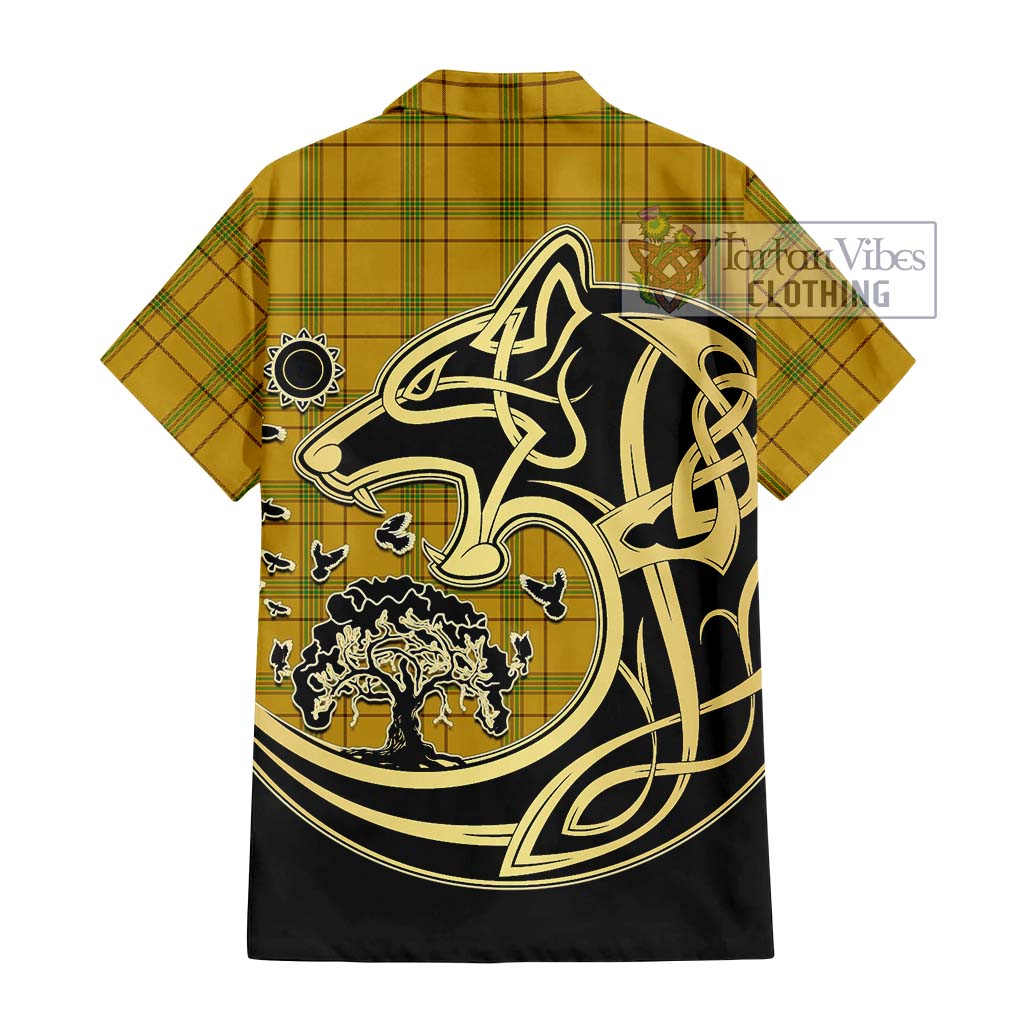 Tartan Vibes Clothing Houston Tartan Short Sleeve Button Shirt with Family Crest Celtic Wolf Style