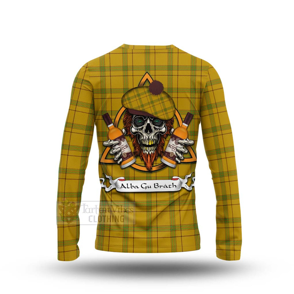 Tartan Vibes Clothing Houston Tartan Long Sleeve T-Shirt with Family Crest and Bearded Skull Holding Bottles of Whiskey