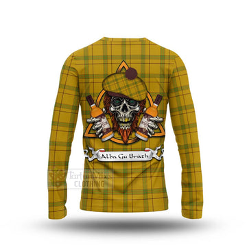 Houston Tartan Long Sleeve T-Shirt with Family Crest and Bearded Skull Holding Bottles of Whiskey