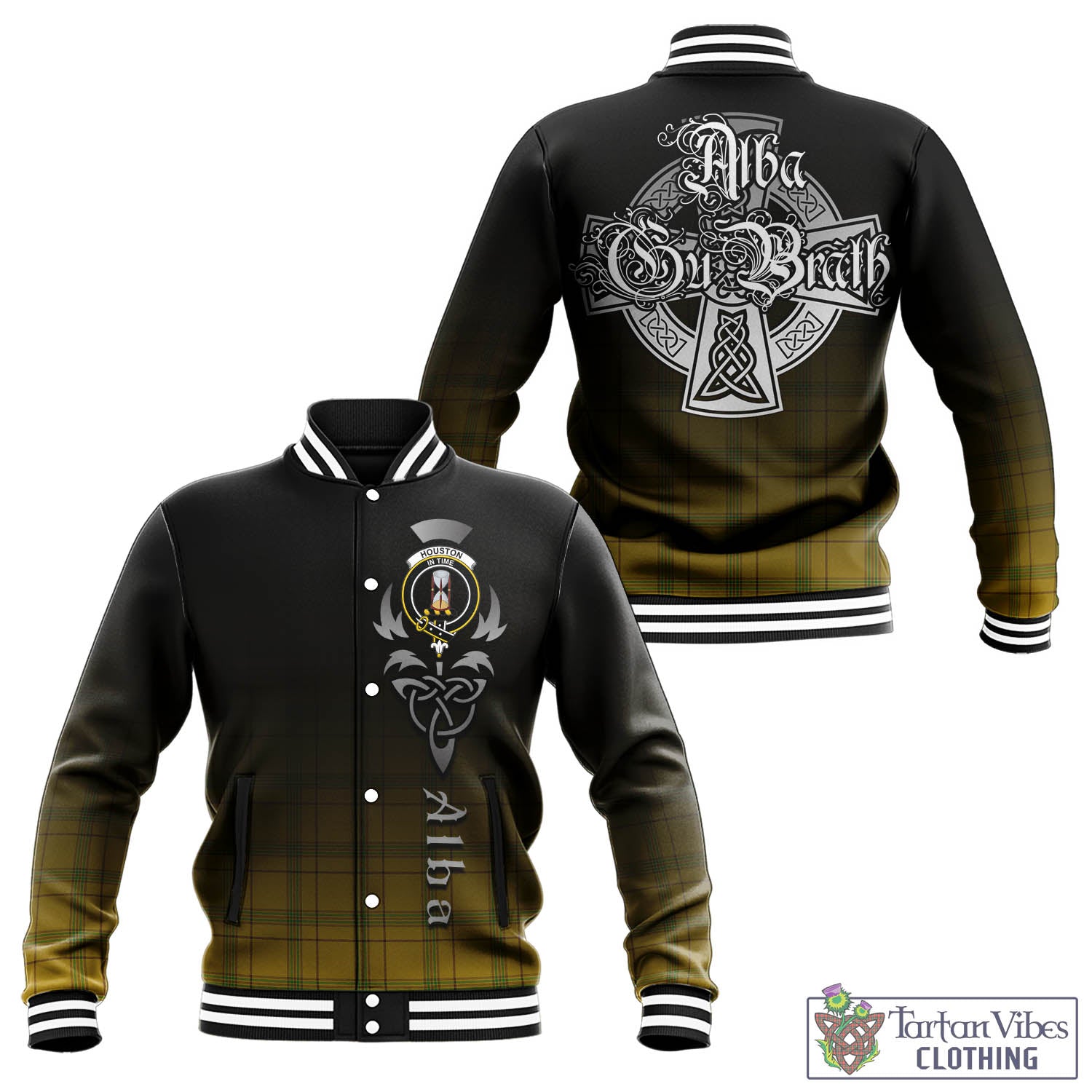 Tartan Vibes Clothing Houston Tartan Baseball Jacket Featuring Alba Gu Brath Family Crest Celtic Inspired