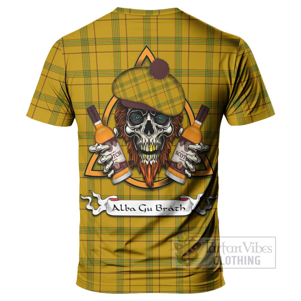 Tartan Vibes Clothing Houston Tartan T-Shirt with Family Crest and Bearded Skull Holding Bottles of Whiskey