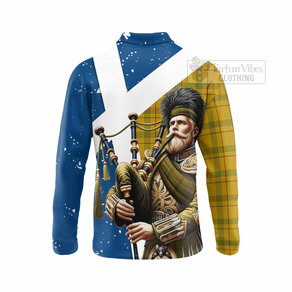 Tartan Vibes Clothing Houston Tartan Long Sleeve Polo Shirt with Family Crest Scottish Bagpiper Vibes