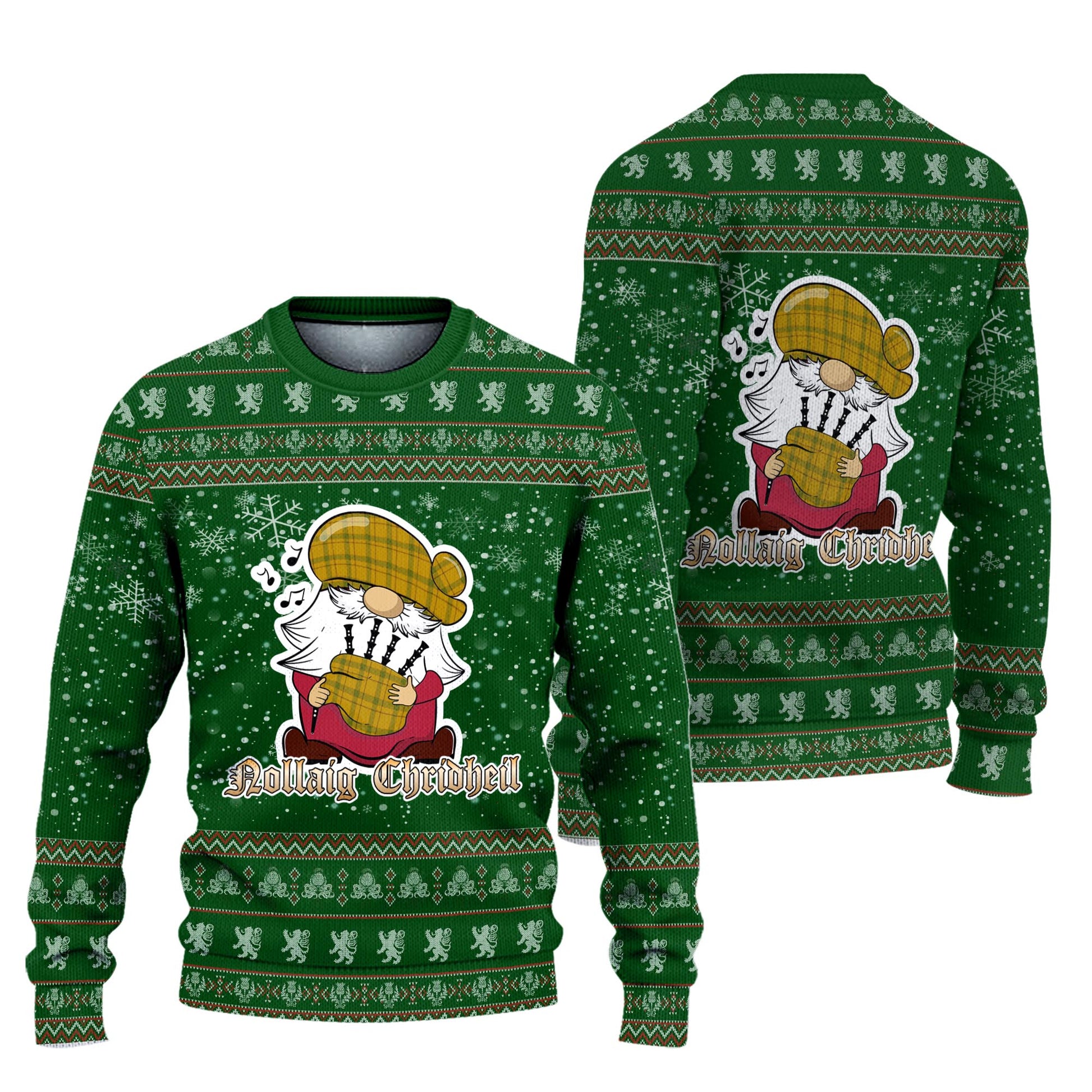 Houston Clan Christmas Family Knitted Sweater with Funny Gnome Playing Bagpipes Unisex Green - Tartanvibesclothing