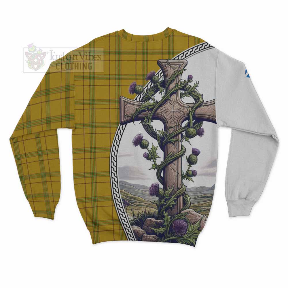 Tartan Vibes Clothing Houston Tartan Sweatshirt with Family Crest and St. Andrew's Cross Accented by Thistle Vines