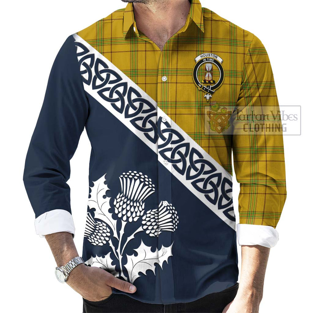 Tartan Vibes Clothing Houston Tartan Long Sleeve Button Shirt Featuring Thistle and Scotland Map