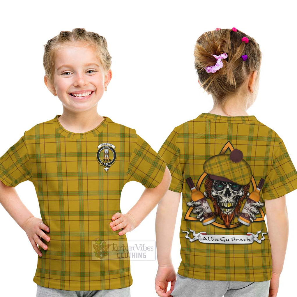 Tartan Vibes Clothing Houston Tartan Kid T-Shirt with Family Crest and Bearded Skull Holding Bottles of Whiskey