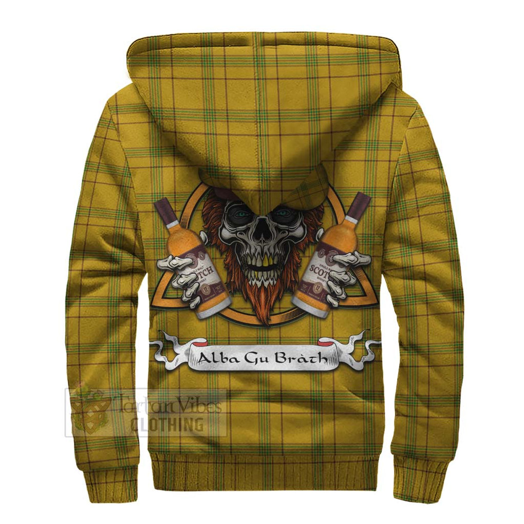 Tartan Vibes Clothing Houston Tartan Sherpa Hoodie with Family Crest and Bearded Skull Holding Bottles of Whiskey