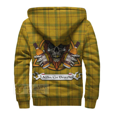 Houston Tartan Sherpa Hoodie with Family Crest and Bearded Skull Holding Bottles of Whiskey