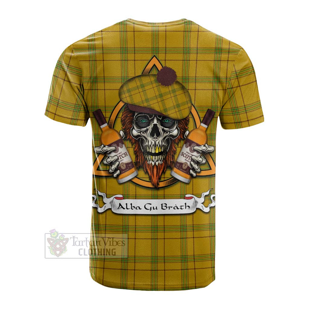 Tartan Vibes Clothing Houston Tartan Cotton T-shirt with Family Crest and Bearded Skull Holding Bottles of Whiskey