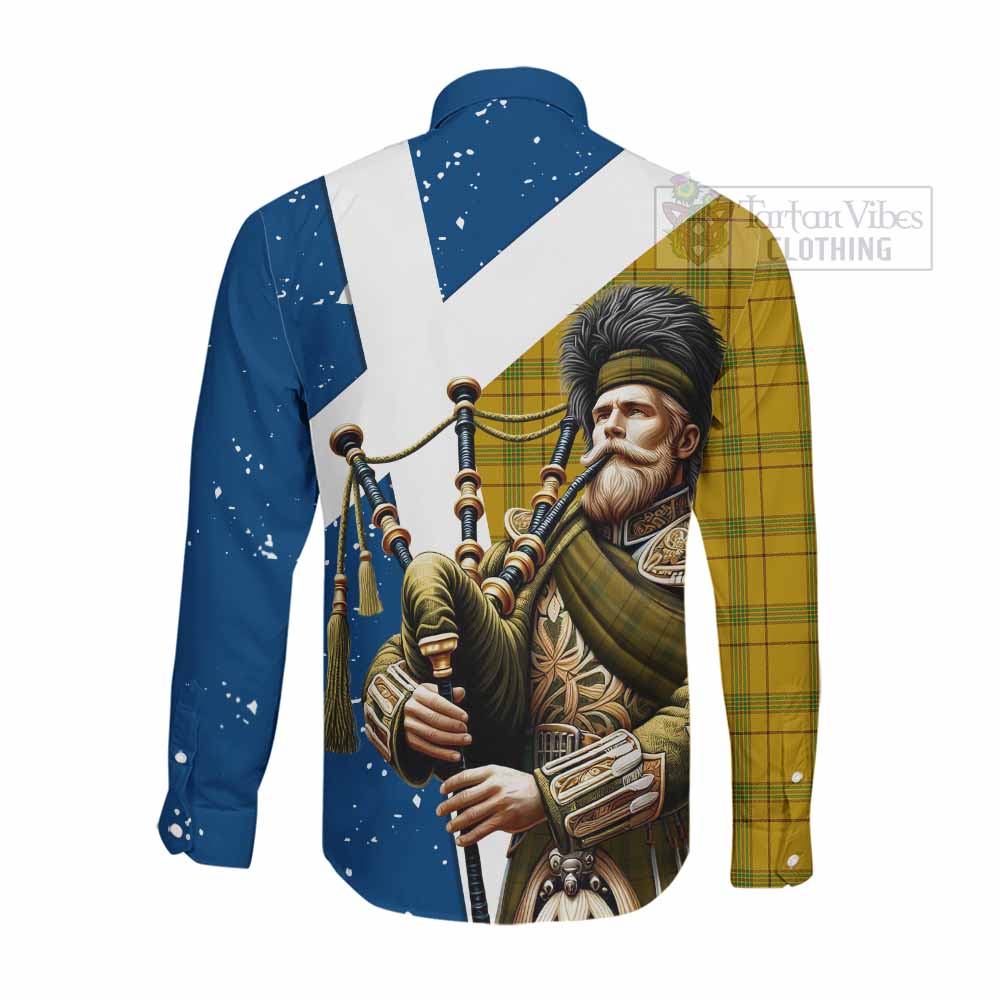 Tartan Vibes Clothing Houston Tartan Long Sleeve Button Shirt with Family Crest Scottish Bagpiper Vibes