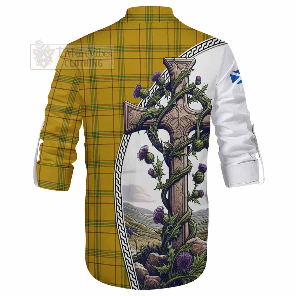 Tartan Vibes Clothing Houston Tartan Ghillie Kilt Shirt with Family Crest and St. Andrew's Cross Accented by Thistle Vines