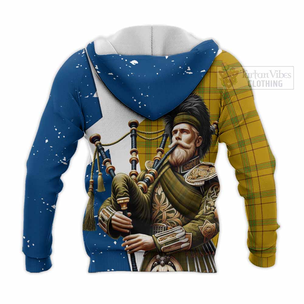 Tartan Vibes Clothing Houston Tartan Knitted Hoodie with Family Crest Scottish Bagpiper Vibes