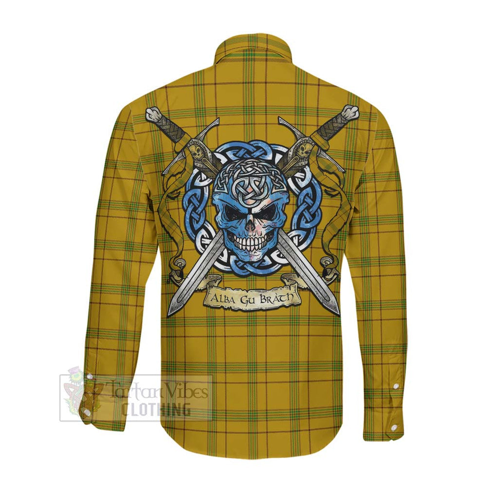 Tartan Vibes Clothing Houston Tartan Long Sleeve Button Shirt with Family Crest Celtic Skull Style