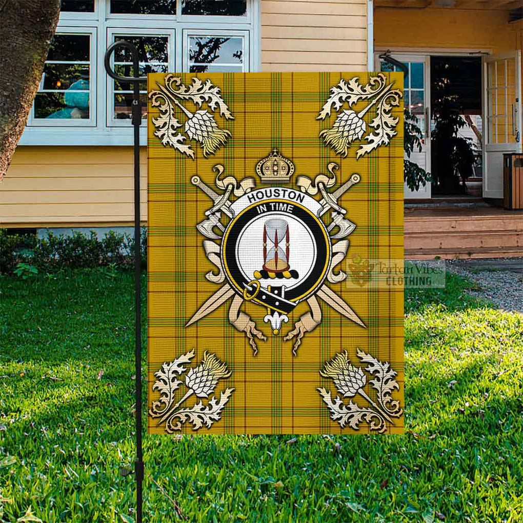 Tartan Vibes Clothing Houston Tartan Flag with Family Crest and Golden Thistle Crossed Sword Design