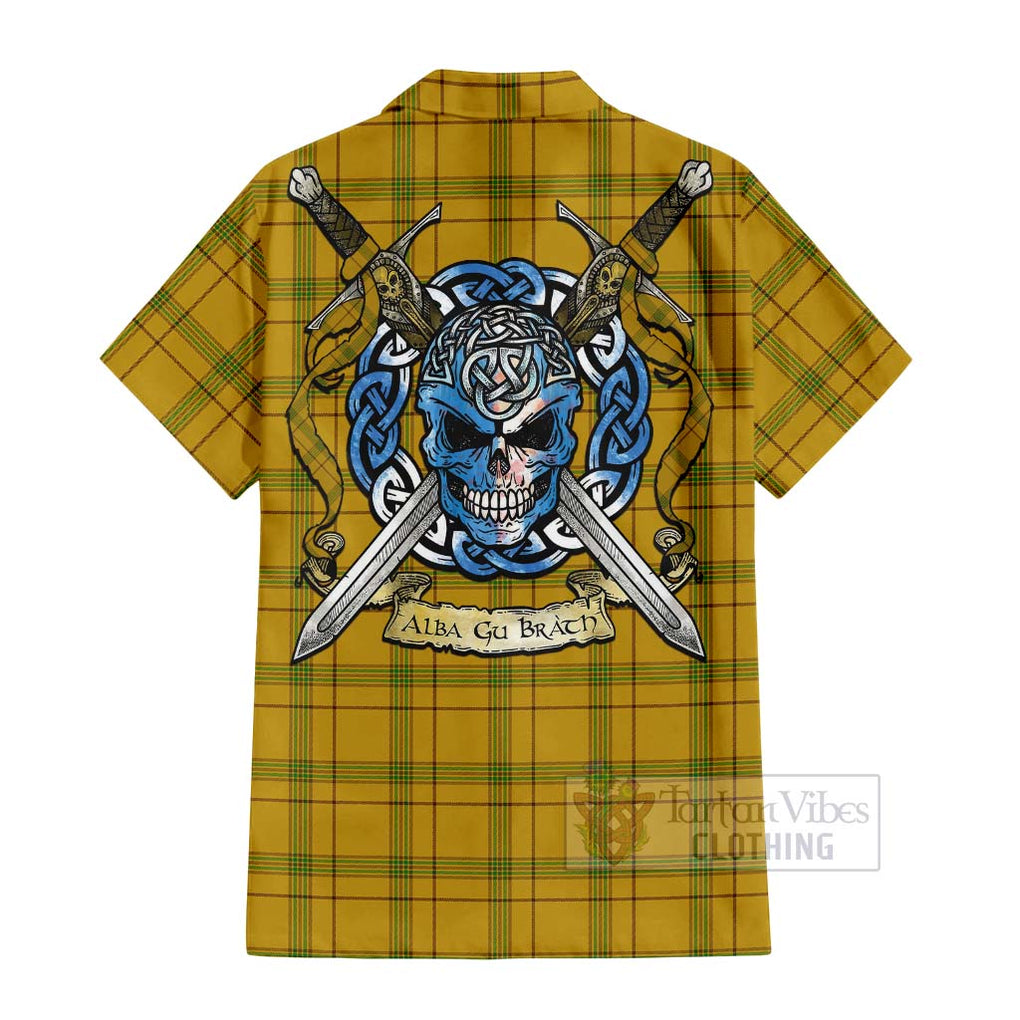 Tartan Vibes Clothing Houston Tartan Short Sleeve Button Shirt with Family Crest Celtic Skull Style