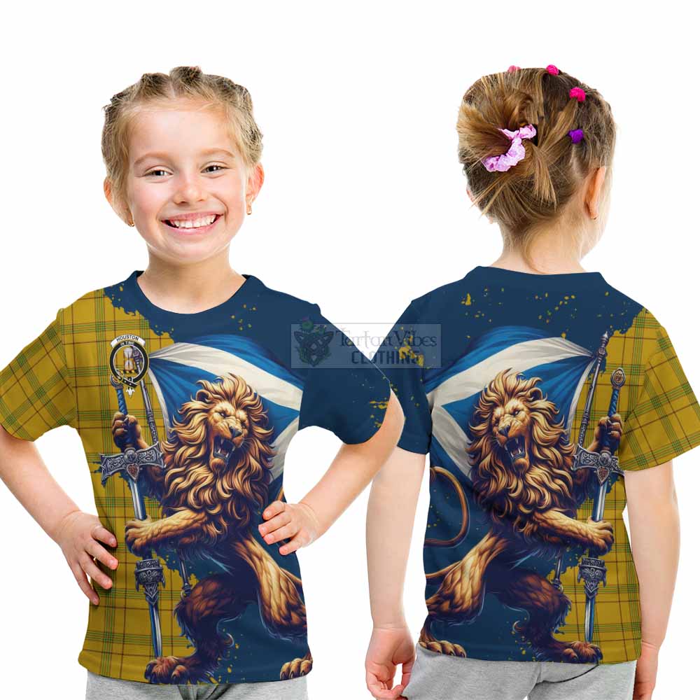 Tartan Vibes Clothing Houston Tartan Family Crest Kid T-Shirt with Scottish Majestic Lion