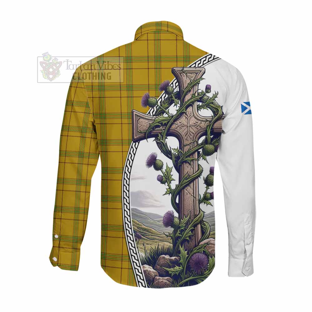 Tartan Vibes Clothing Houston Tartan Long Sleeve Button Shirt with Family Crest and St. Andrew's Cross Accented by Thistle Vines