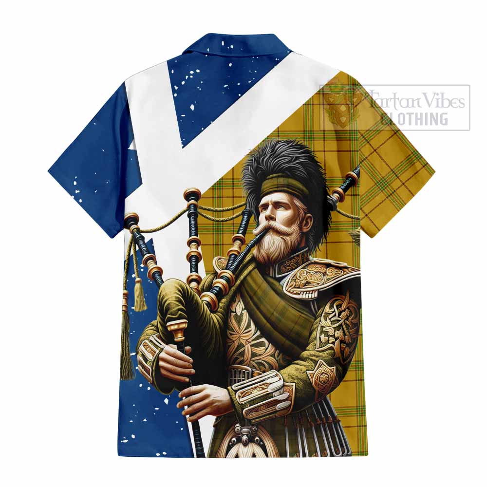 Tartan Vibes Clothing Houston Tartan Short Sleeve Button Shirt with Family Crest Scottish Bagpiper Vibes