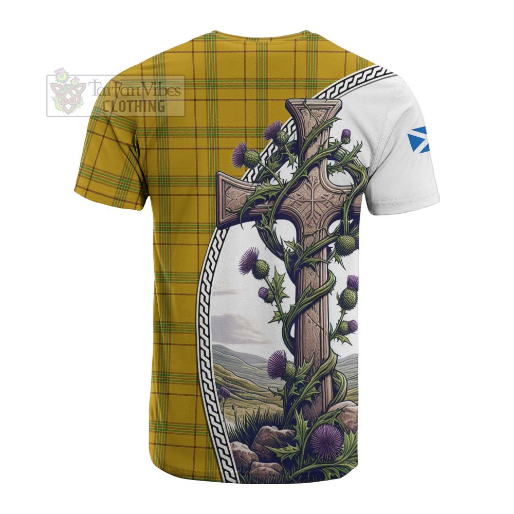 Tartan Vibes Clothing Houston Tartan Cotton T-shirt with Family Crest and St. Andrew's Cross Accented by Thistle Vines