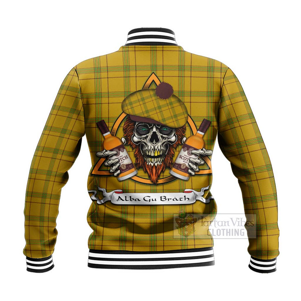 Tartan Vibes Clothing Houston Tartan Baseball Jacket with Family Crest and Bearded Skull Holding Bottles of Whiskey