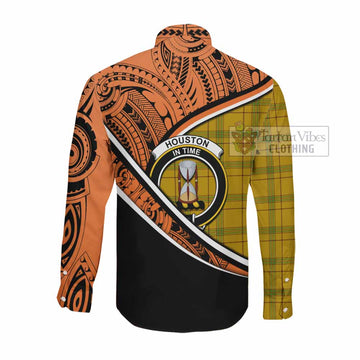 Houston Crest Tartan Long Sleeve Button Shirt with Polynesian Vibes Style - Orange Version