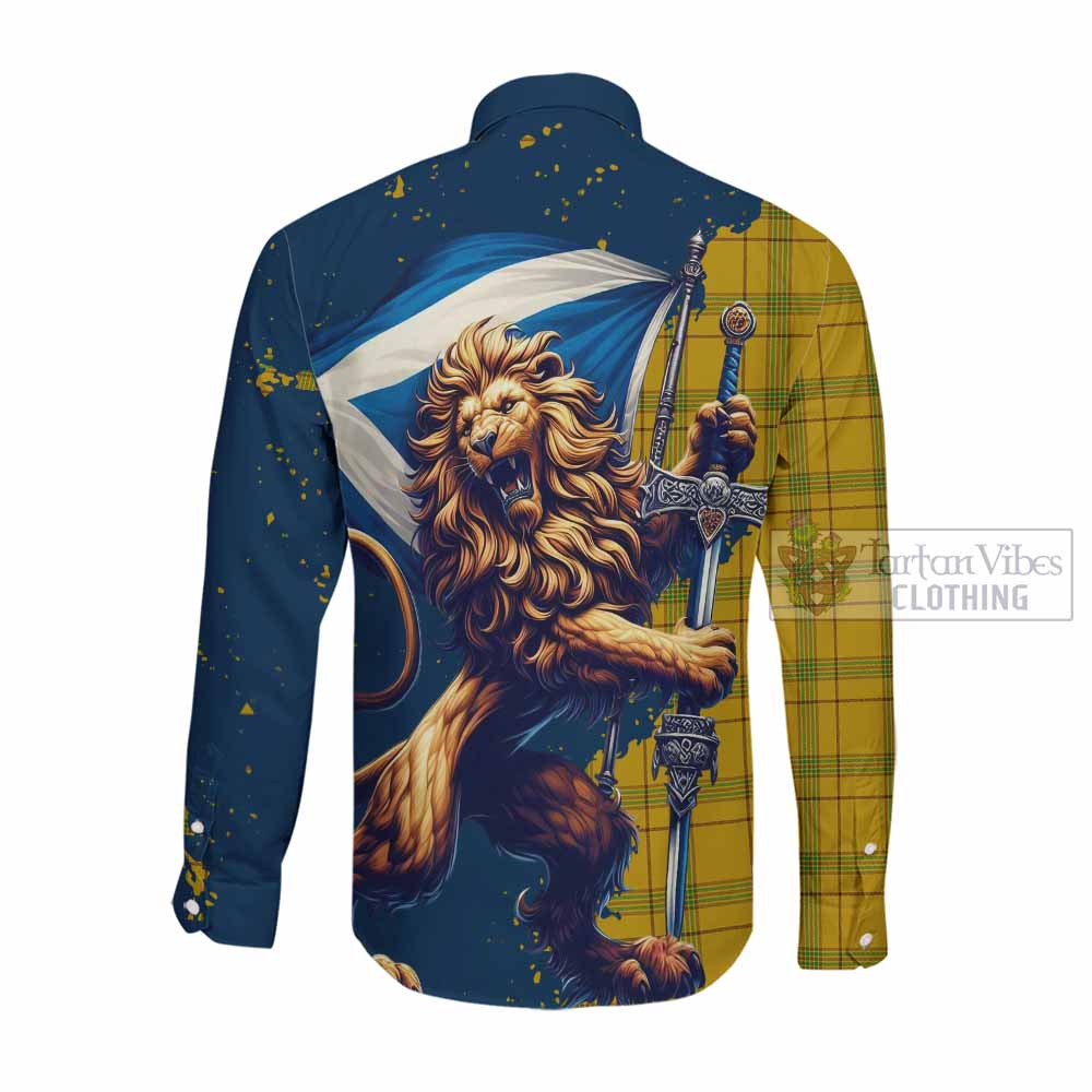 Tartan Vibes Clothing Houston Tartan Family Crest Long Sleeve Button Shirt with Scottish Majestic Lion