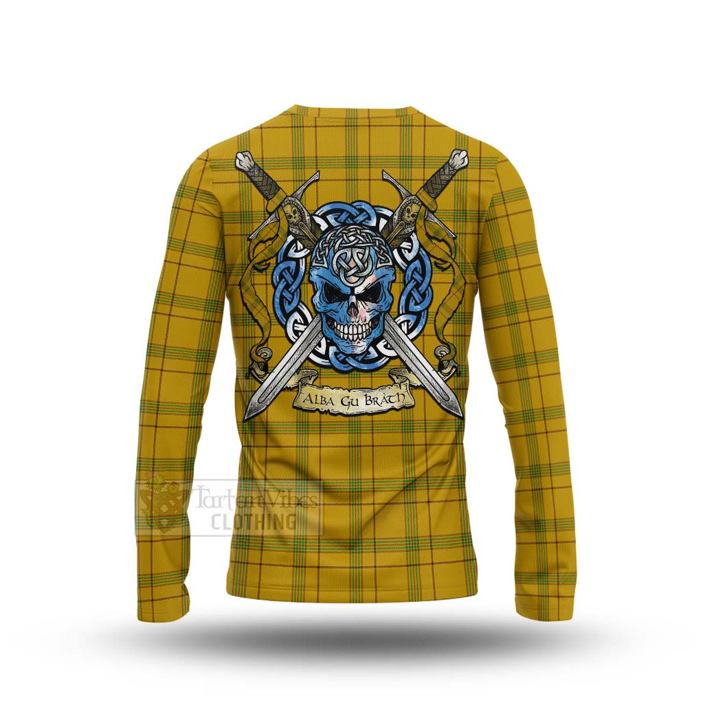 Tartan Vibes Clothing Houston Tartan Long Sleeve T-Shirt with Family Crest Celtic Skull Style