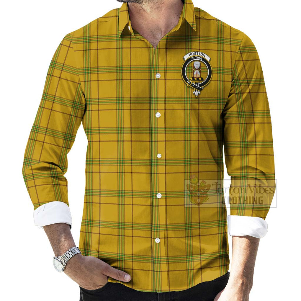 Tartan Vibes Clothing Houston Tartan Long Sleeve Button Shirt with Family Crest and Bearded Skull Holding Bottles of Whiskey