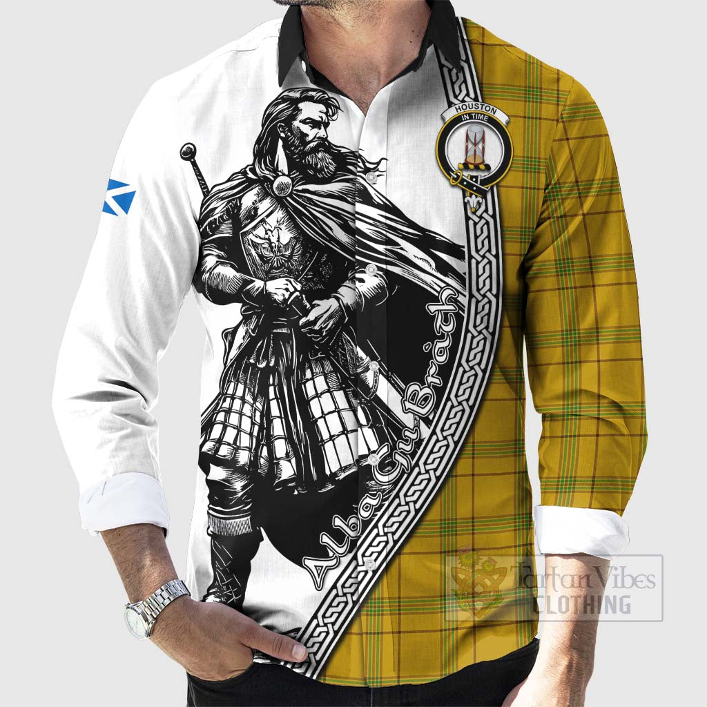 Tartan Vibes Clothing Houston Tartan Clan Crest Long Sleeve Button Shirt with Highlander Warrior Celtic Style