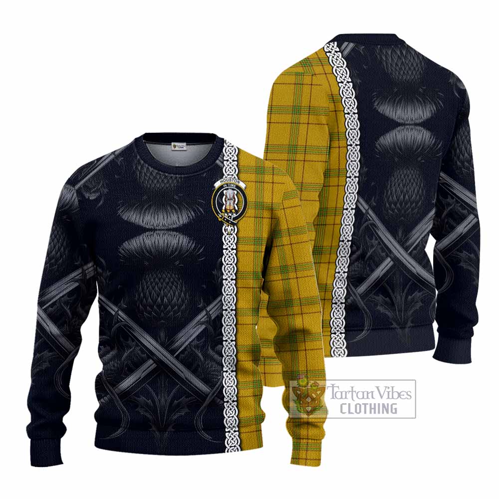 Tartan Vibes Clothing Houston Tartan Knitted Sweater with Family Crest Cross Sword Thistle Celtic Vibes