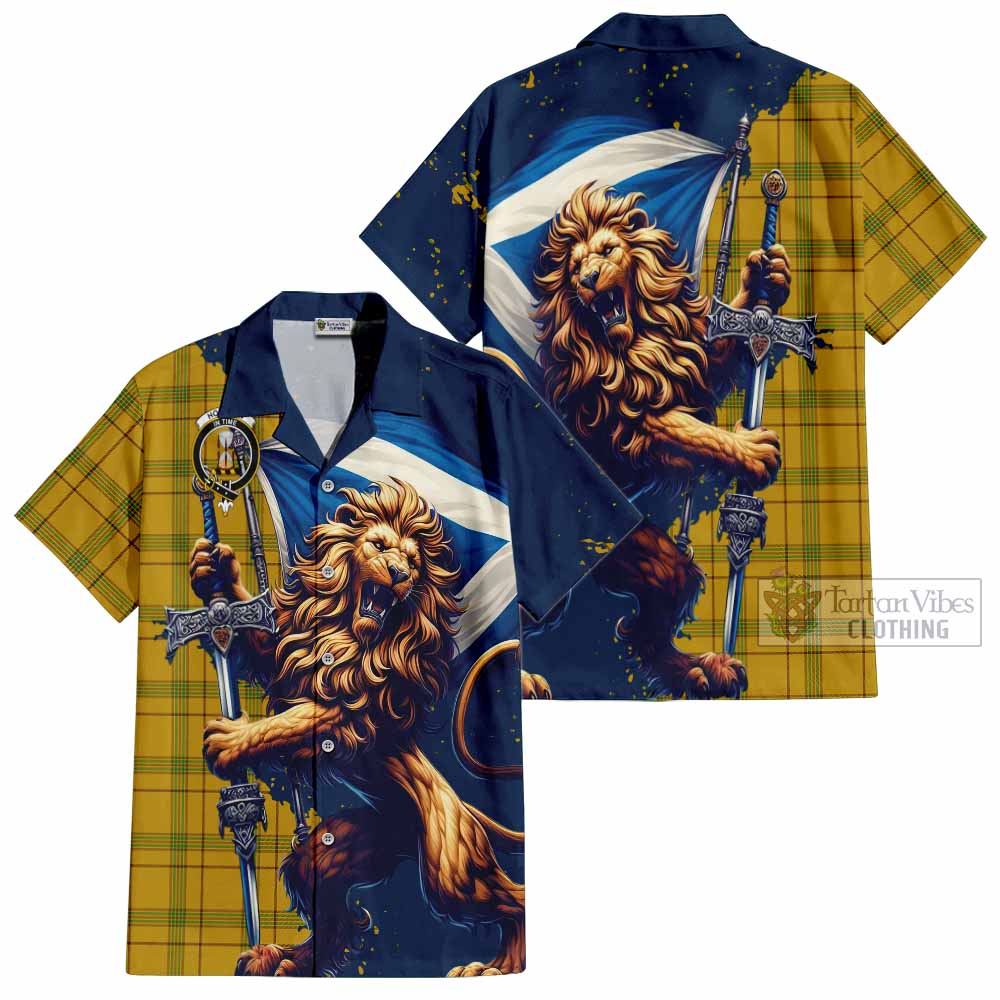 Tartan Vibes Clothing Houston Tartan Family Crest Short Sleeve Button Shirt with Scottish Majestic Lion