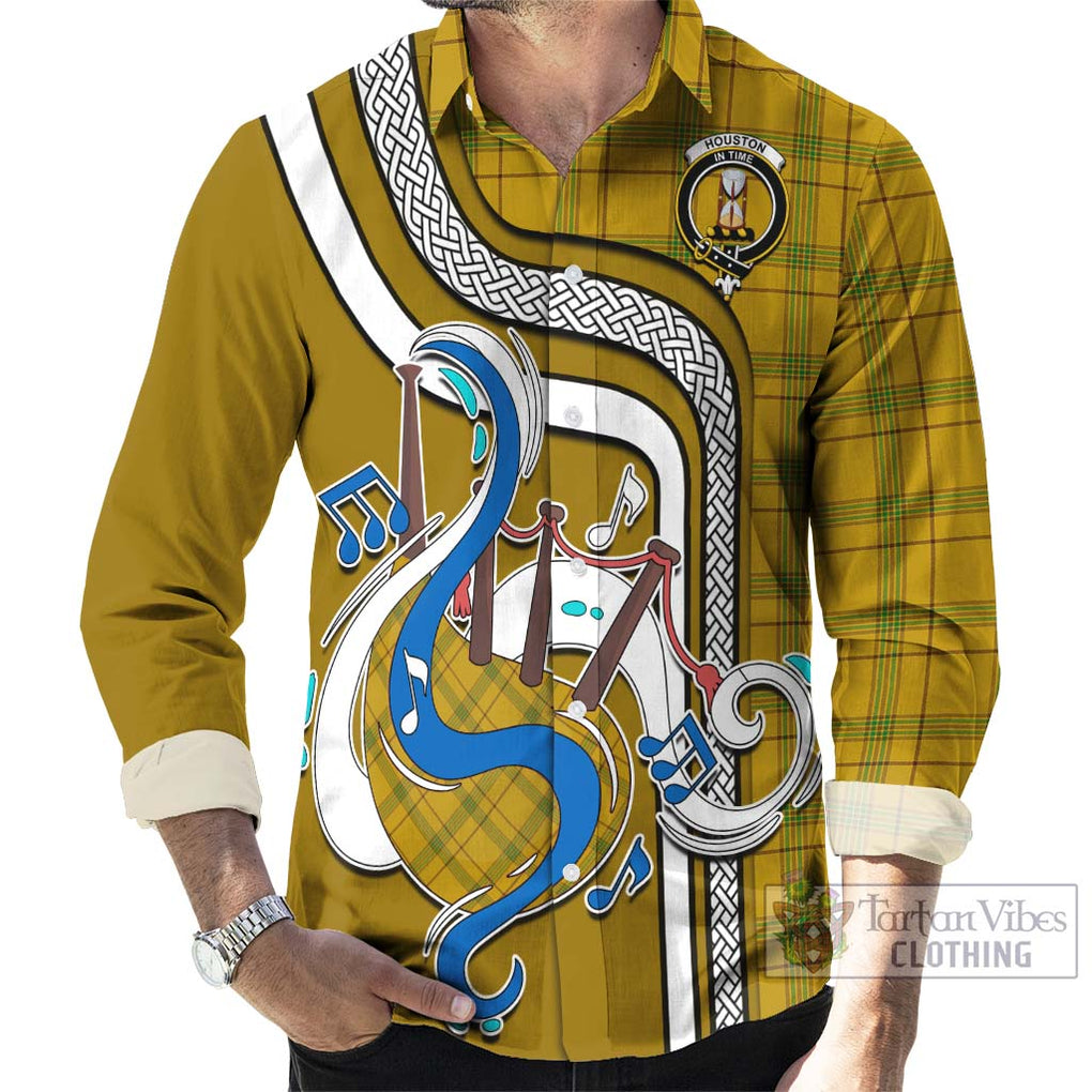 Houston Tartan Long Sleeve Button Shirt with Epic Bagpipe Style - Tartanvibesclothing Shop