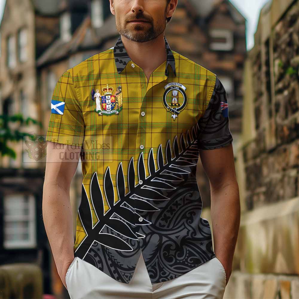 Tartan Vibes Clothing Houston Crest Tartan Short Sleeve Button Shirt with New Zealand Silver Fern Half Style