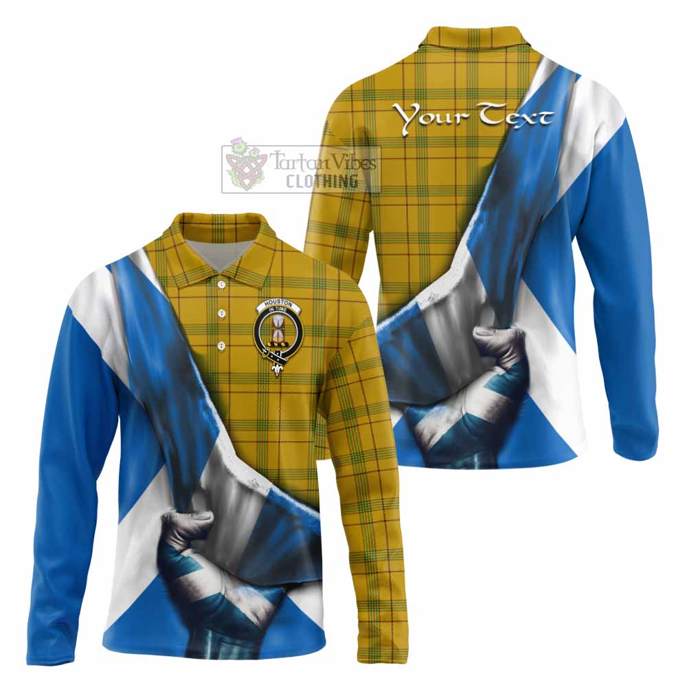 Tartan Vibes Clothing Houston Tartan Long Sleeve Polo Shirt with Family Crest Scotland Patriotic Style