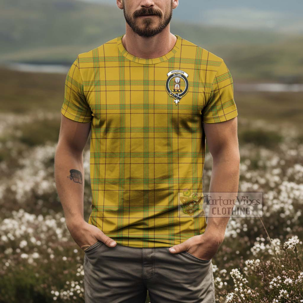 Tartan Vibes Clothing Houston Tartan T-Shirt with Family Crest and Bearded Skull Holding Bottles of Whiskey