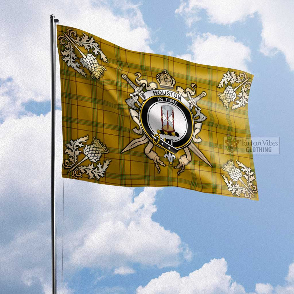 Tartan Vibes Clothing Houston Tartan Flag with Family Crest and Golden Thistle Crossed Sword Design