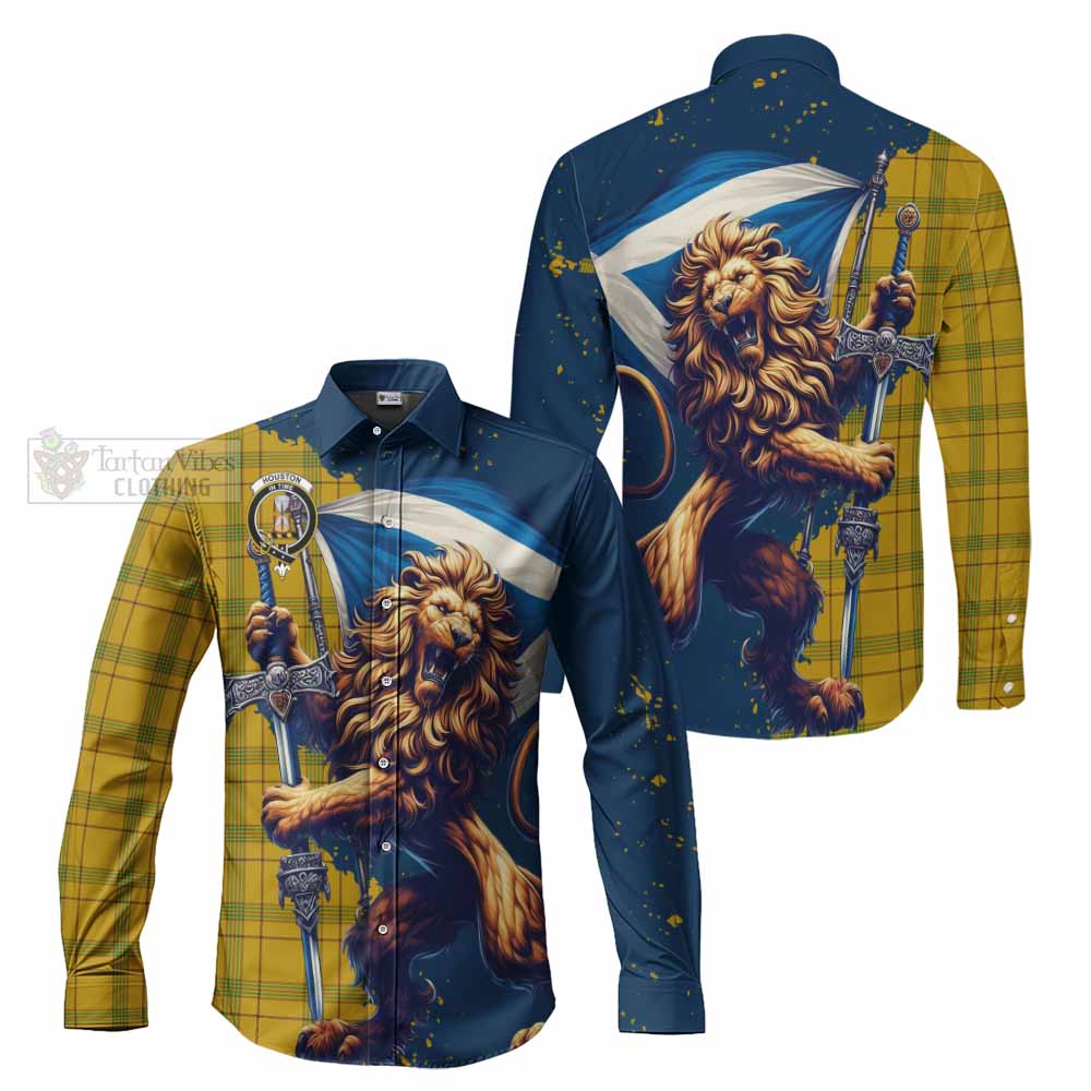 Tartan Vibes Clothing Houston Tartan Family Crest Long Sleeve Button Shirt with Scottish Majestic Lion