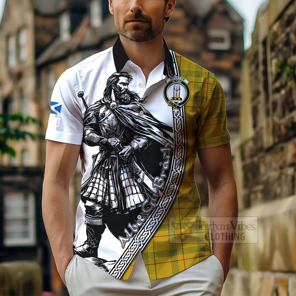 Tartan Vibes Clothing Houston Tartan Clan Crest Short Sleeve Button Shirt with Highlander Warrior Celtic Style