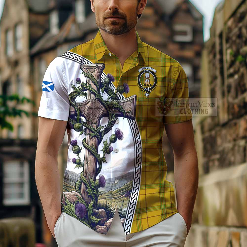 Tartan Vibes Clothing Houston Tartan Short Sleeve Button Shirt with Family Crest and St. Andrew's Cross Accented by Thistle Vines