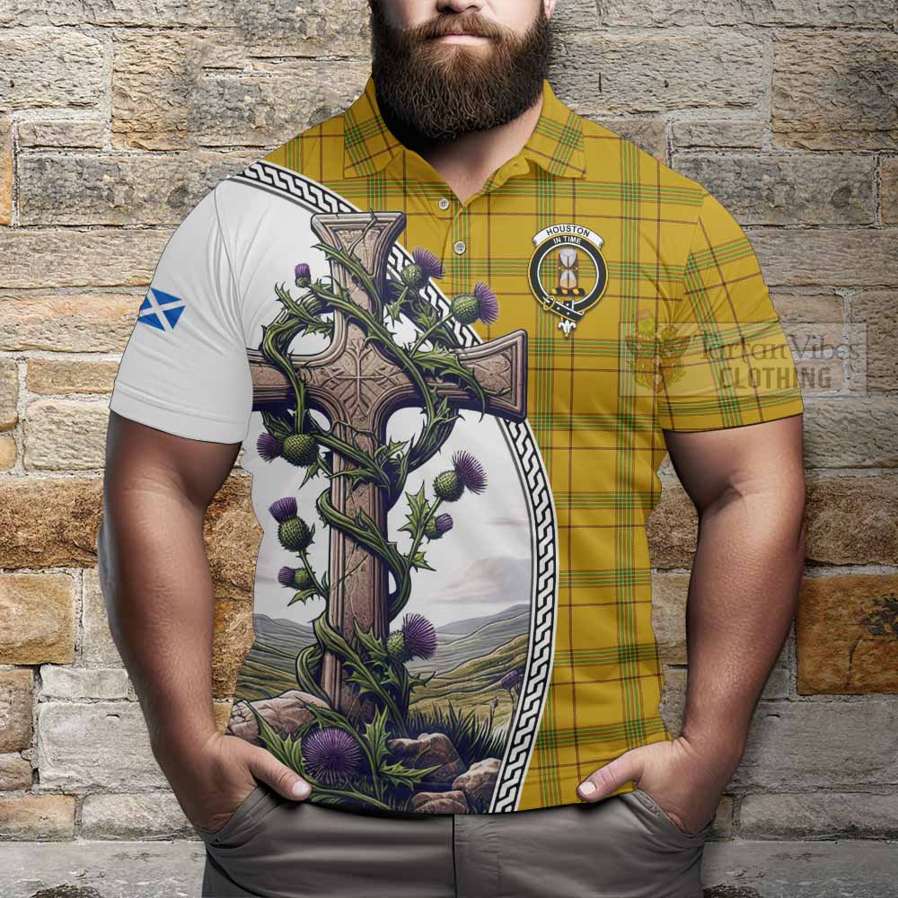 Tartan Vibes Clothing Houston Tartan Polo Shirt with Family Crest and St. Andrew's Cross Accented by Thistle Vines