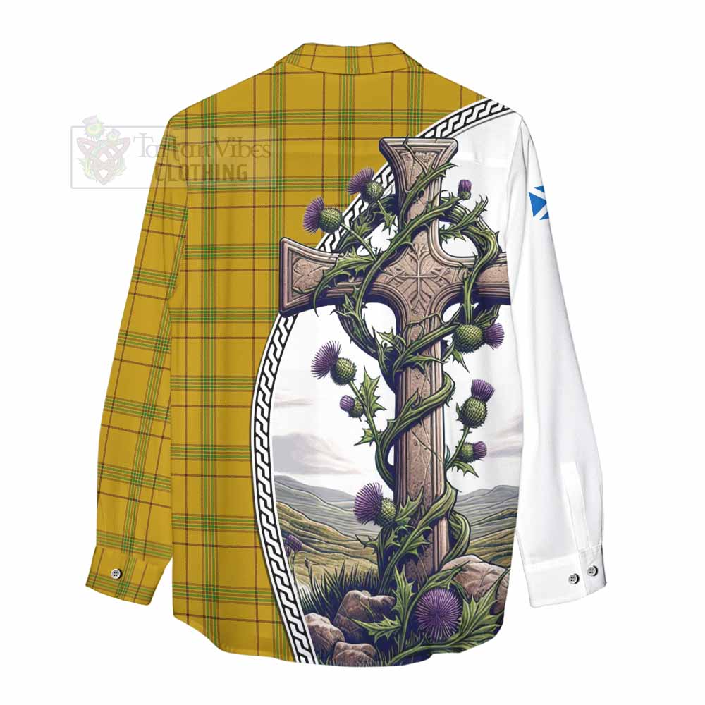 Tartan Vibes Clothing Houston Tartan Women's Casual Shirt with Family Crest and St. Andrew's Cross Accented by Thistle Vines