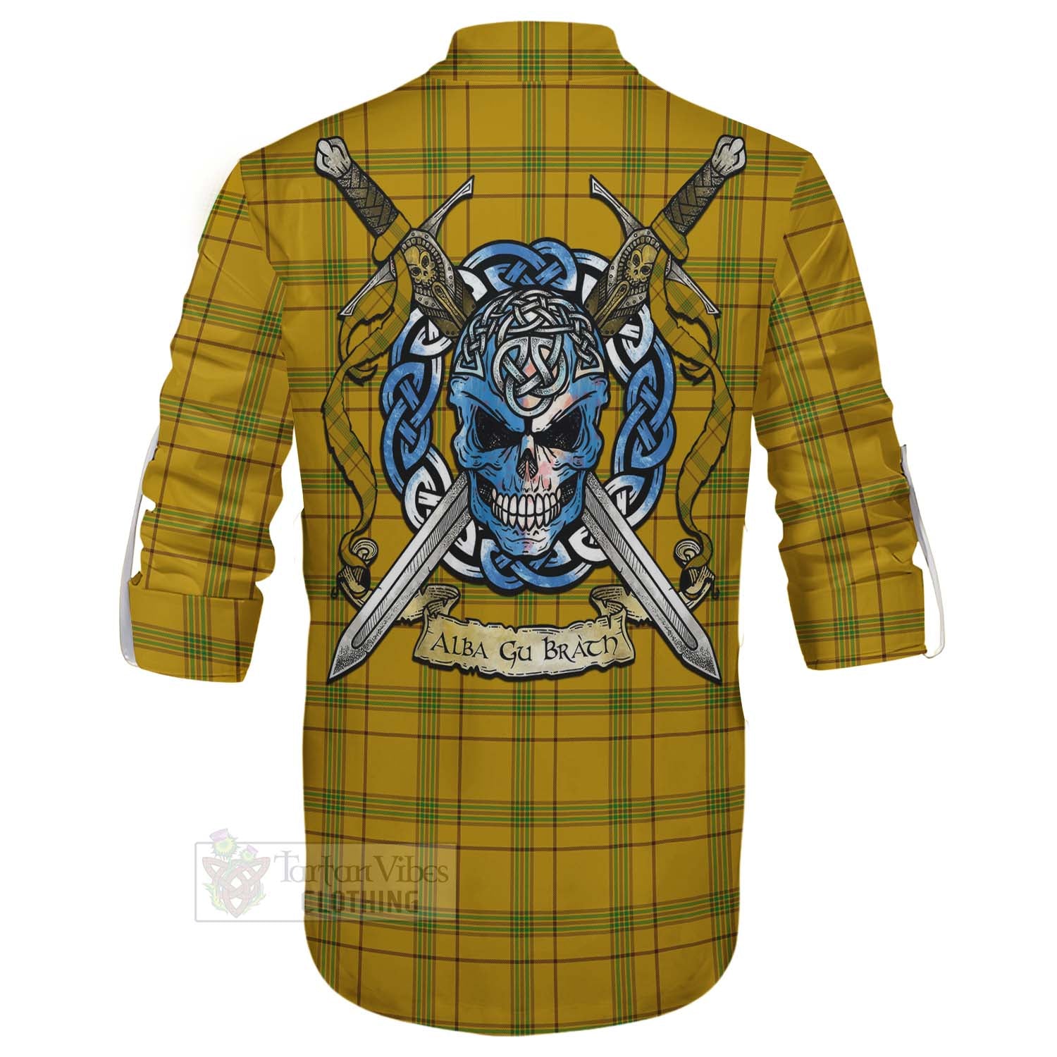 Tartan Vibes Clothing Houston Tartan Ghillie Kilt Shirt with Family Crest Celtic Skull Style