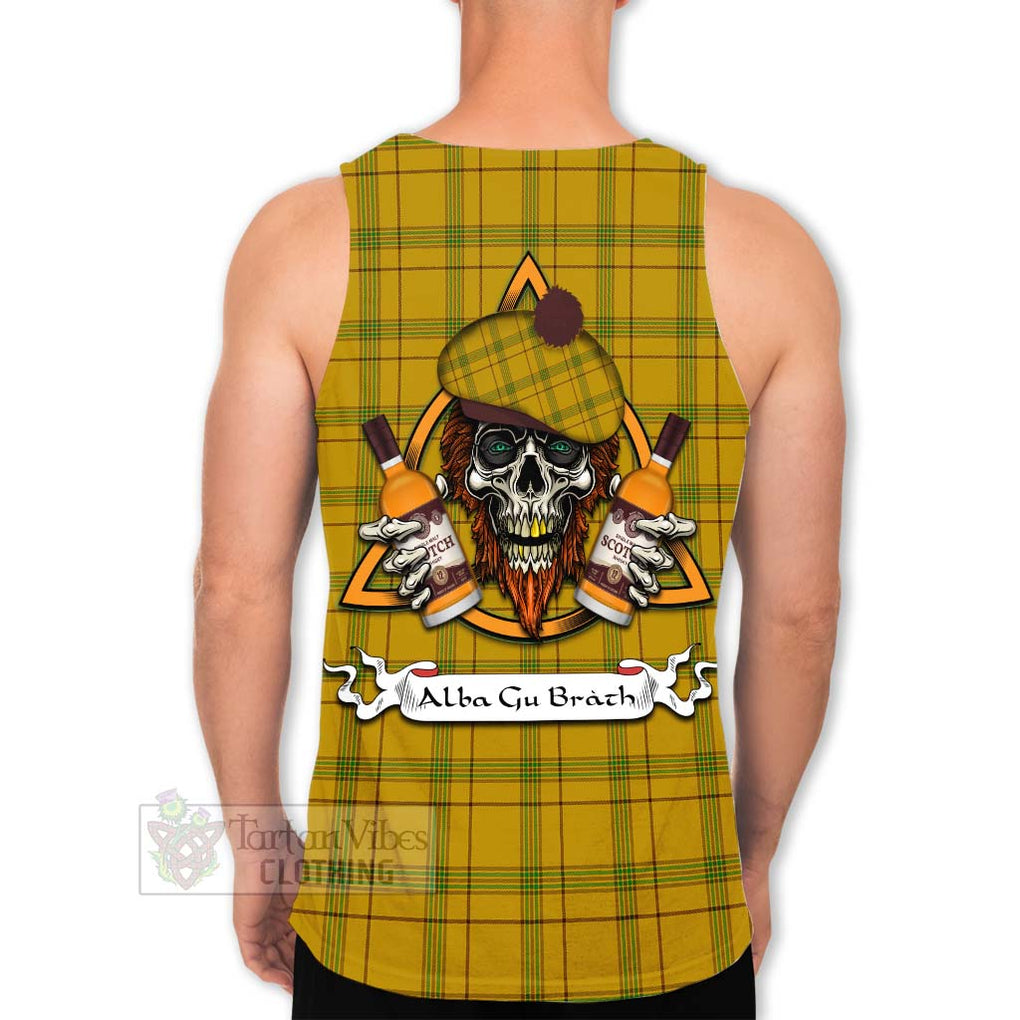 Tartan Vibes Clothing Houston Tartan Men's Tank Top with Family Crest and Bearded Skull Holding Bottles of Whiskey