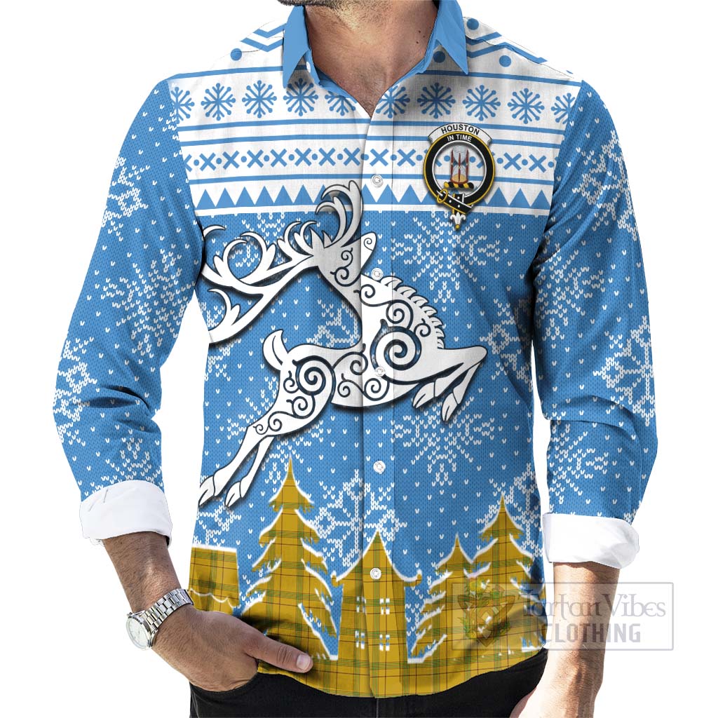 Tartan Vibes Clothing Houston Clan Christmas Long Sleeve Button Shirt Celtic Reindeer Style