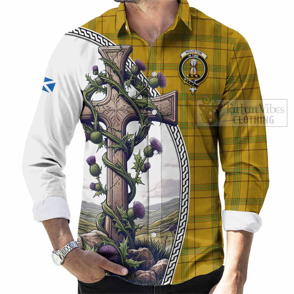 Tartan Vibes Clothing Houston Tartan Long Sleeve Button Shirt with Family Crest and St. Andrew's Cross Accented by Thistle Vines