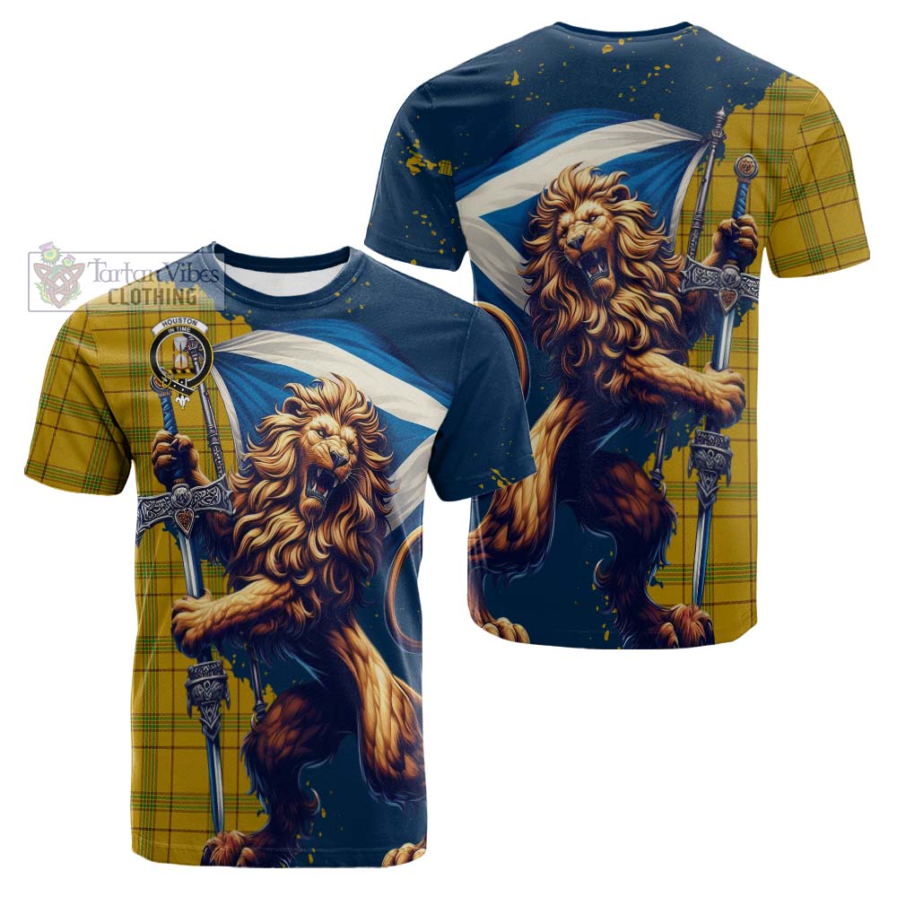 Tartan Vibes Clothing Houston Tartan Family Crest Cotton T-shirt with Scottish Majestic Lion