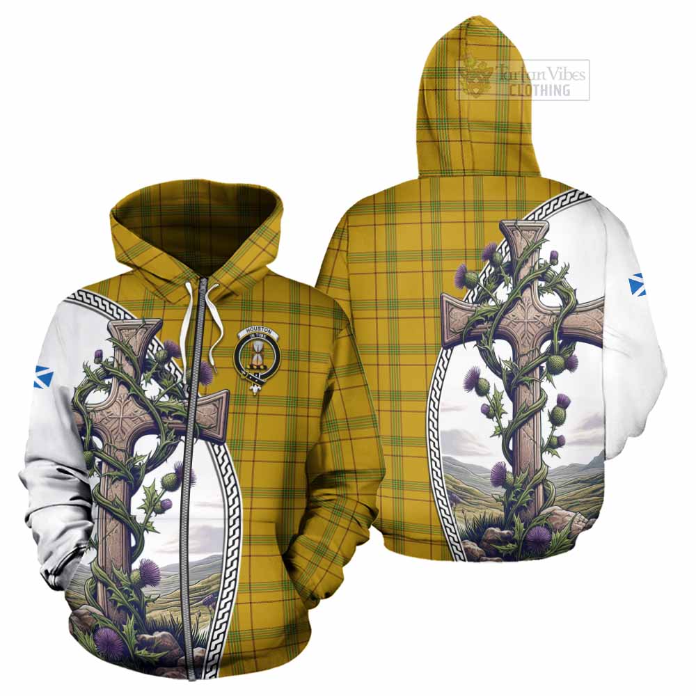 Tartan Vibes Clothing Houston Tartan Hoodie with Family Crest and St. Andrew's Cross Accented by Thistle Vines